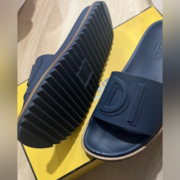 Fendi Navy Blue Leather-Trim Logo Slide Sandals - Picture 3 of 4